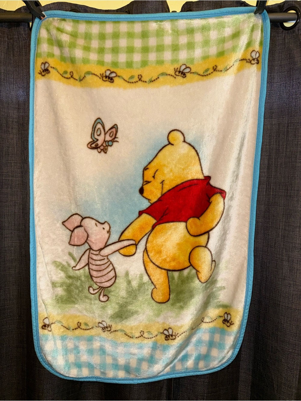 VTG Y2K Disney Winnie The Pooh Piglet Baby Blanket Plush Gingham Plaid 30"x44"
